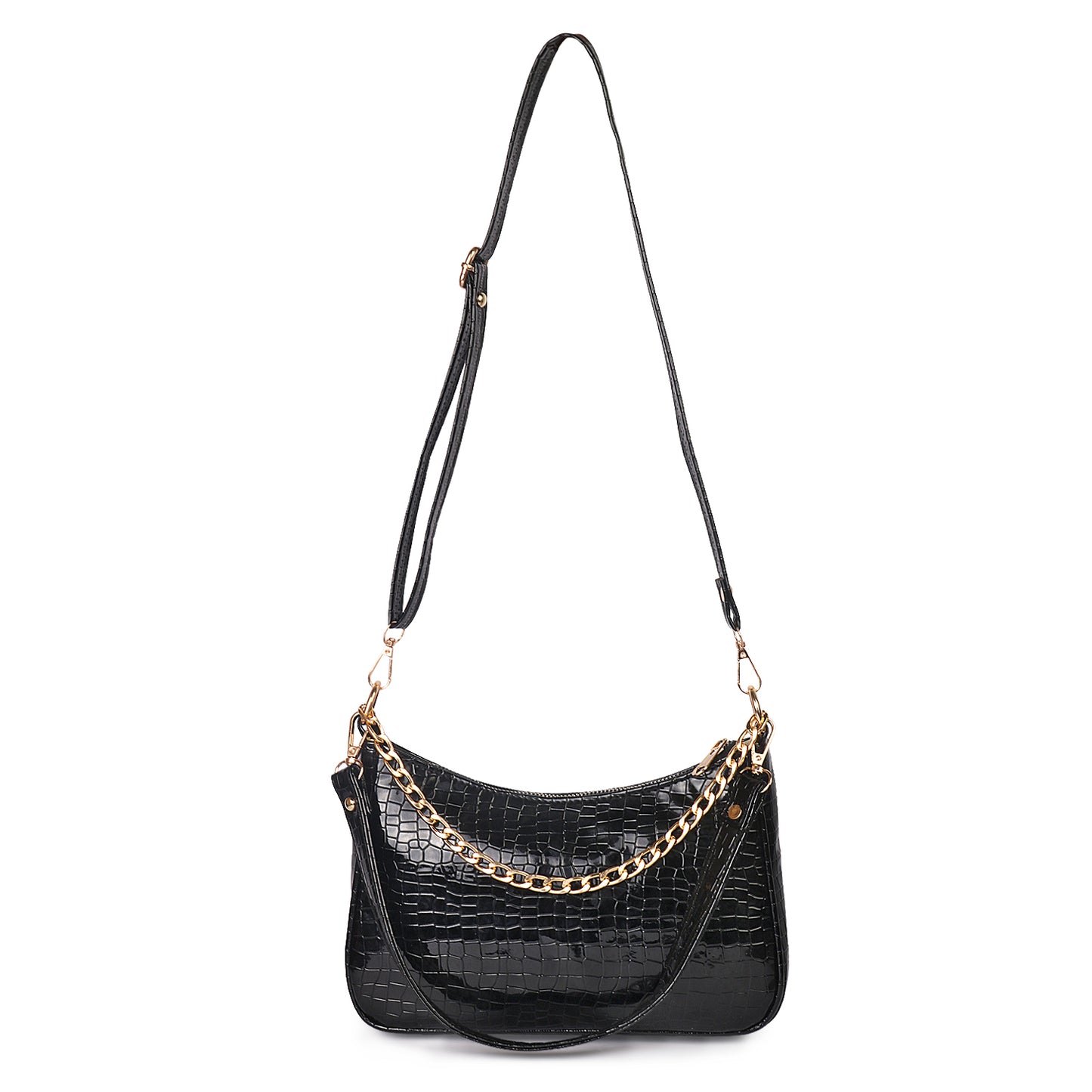 Princess Crescent Vegan Leather Snake Skin Shoulder Bag - Black