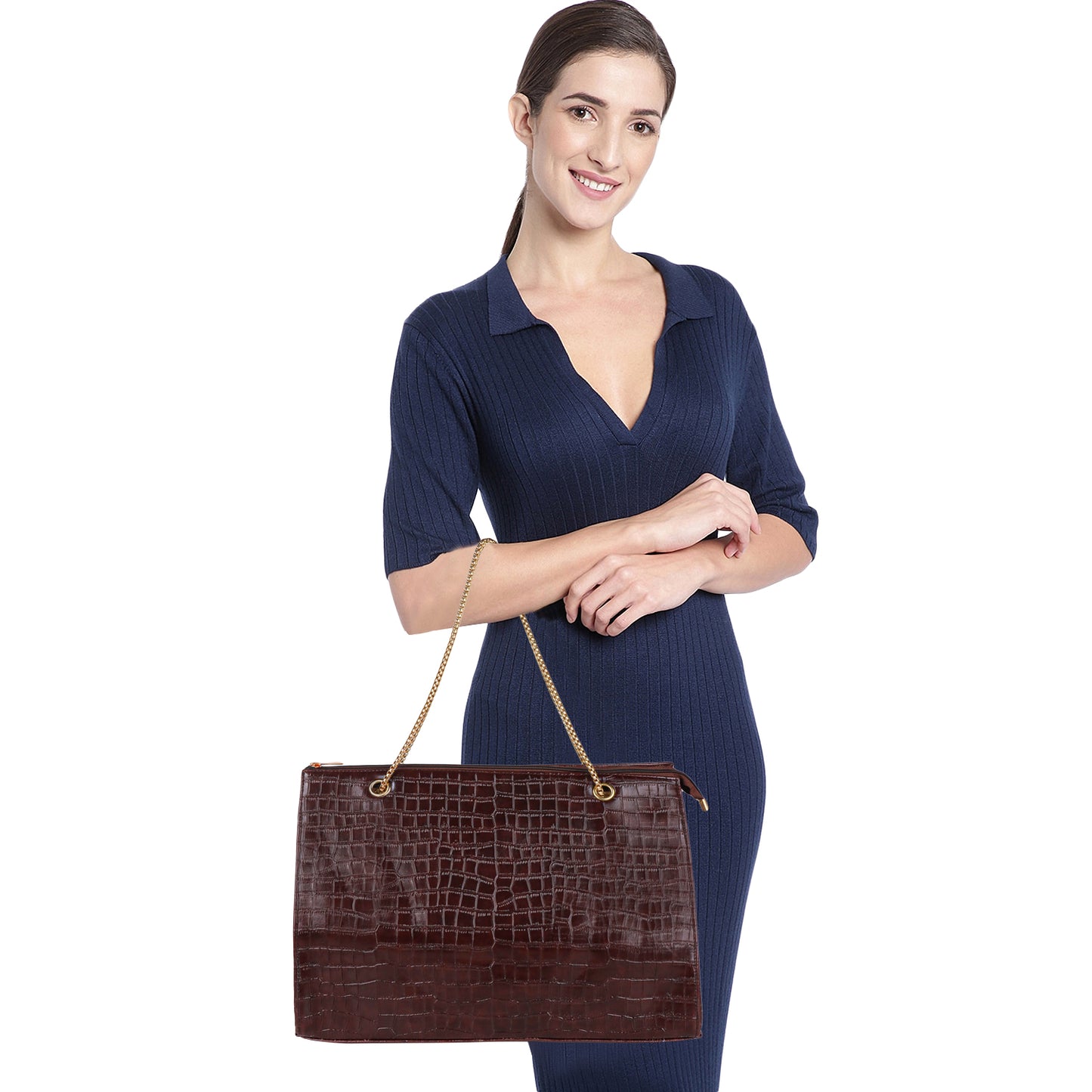 Croco Aurora Vegan Leather Tote Bag with Chain Straps - Brown