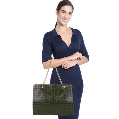 Croco Aurora Vegan Leather Tote Bag with Chain Straps - Green