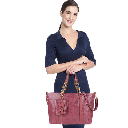 Callista Croco Vegan Leather Tote Bag with Money Pouch - Purple