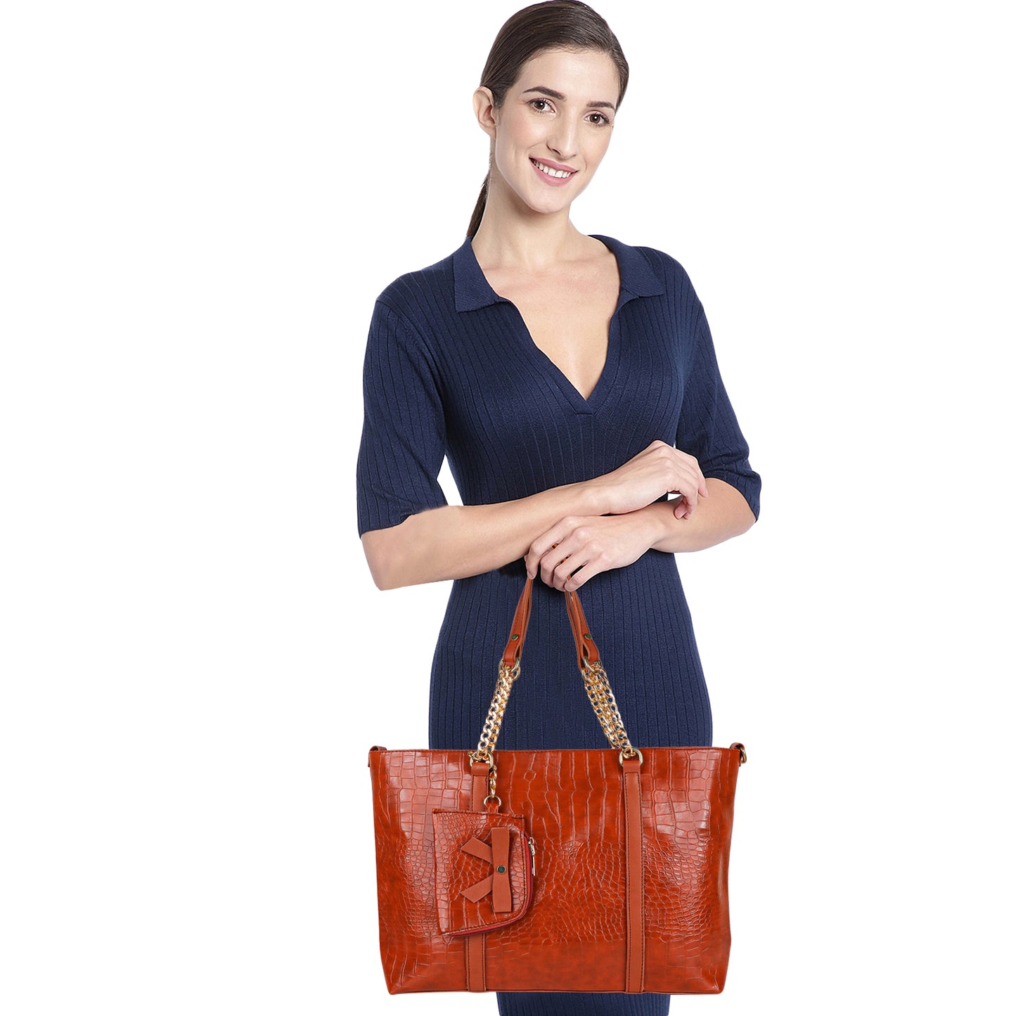 Callista Croco Vegan Leather Tote Bag with Money Pouch - Tan