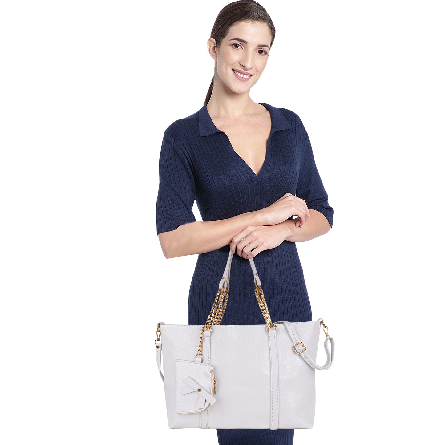 Callista Croco Vegan Leather Tote Bag with Money Pouch - White