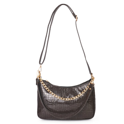 Princess Crescent Vegan Leather Snake Skin Shoulder Bag - Grey