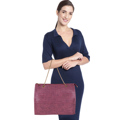 Croco Aurora Vegan Leather Tote Bag with Chain Straps - Purple