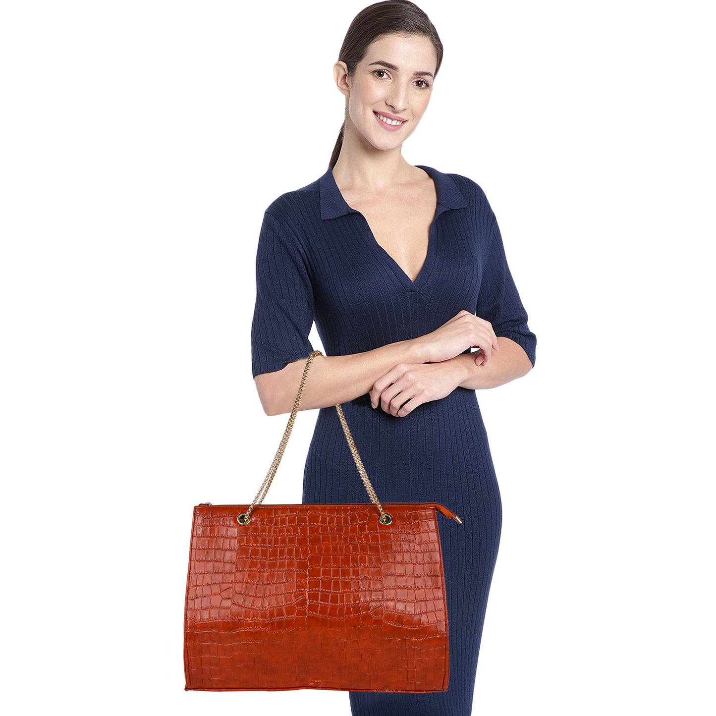 Croco Aurora Vegan Leather Tote Bag with Chain Straps - Tan