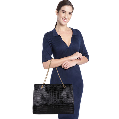 Croco Aurora Vegan Leather Tote Bag with Chain Straps - Black