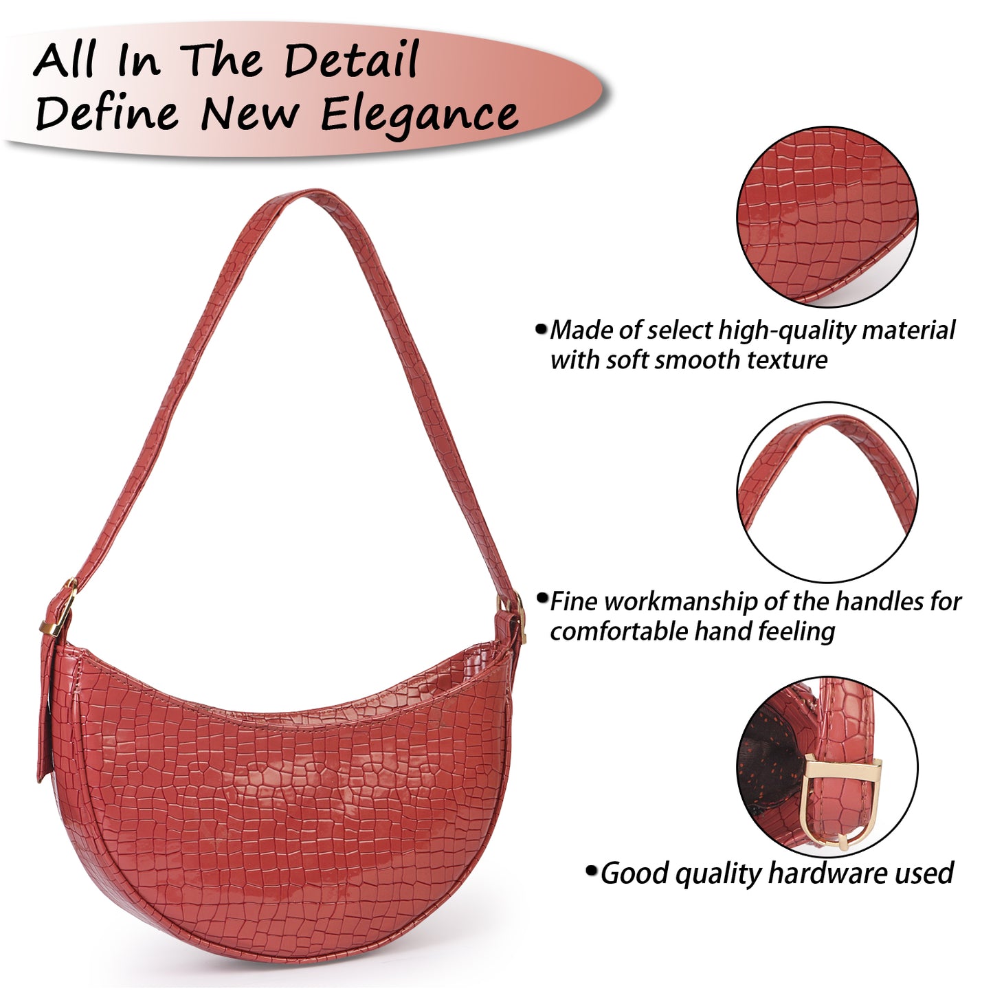 Crescent Moon Vegan Leather Snake Skin Shoulder Bag - Red