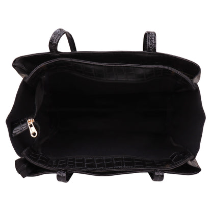 Kroko Vegan Leather 3 Compartment Tote Bag - Black