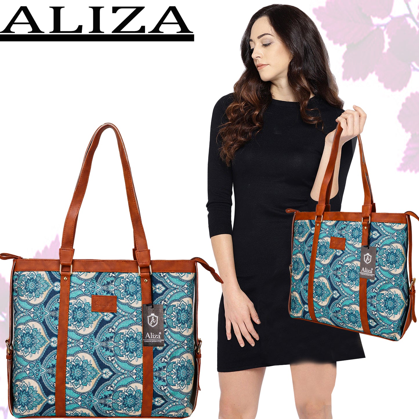 Gardinia Floral Canvas Striped Vegan Leather Tote Bag - Blue