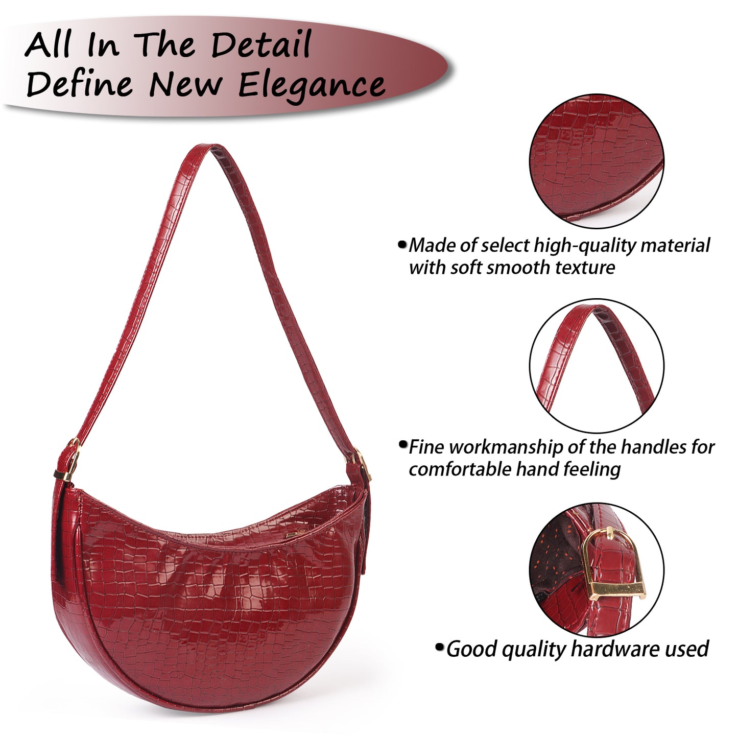 Crescent Moon Vegan Leather Snake Skin Shoulder Bag - Maroon