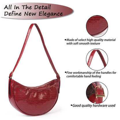 Crescent Moon Vegan Leather Snake Skin Shoulder Bag - Maroon