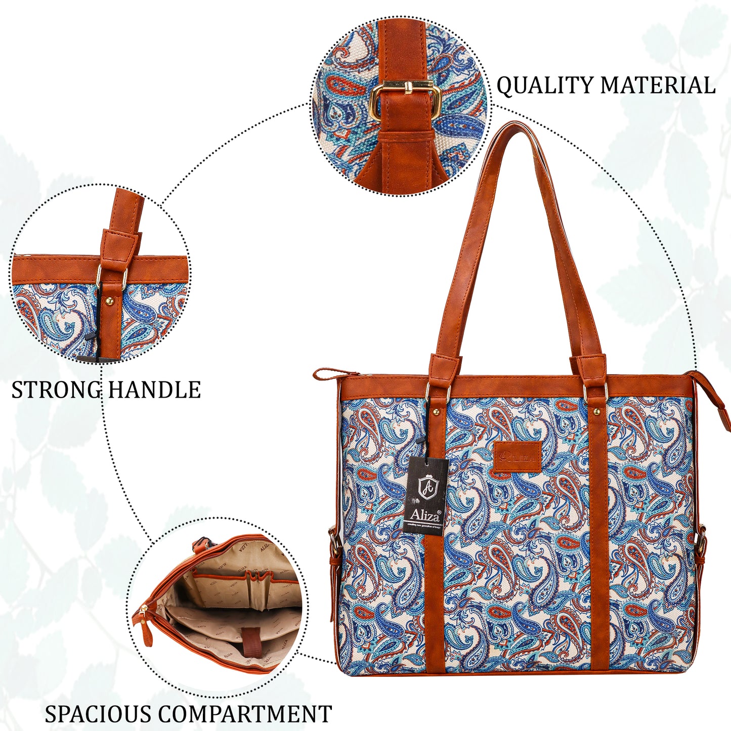 Gardinia Floral Canvas Striped Vegan Leather Tote Bag - Sky Blue