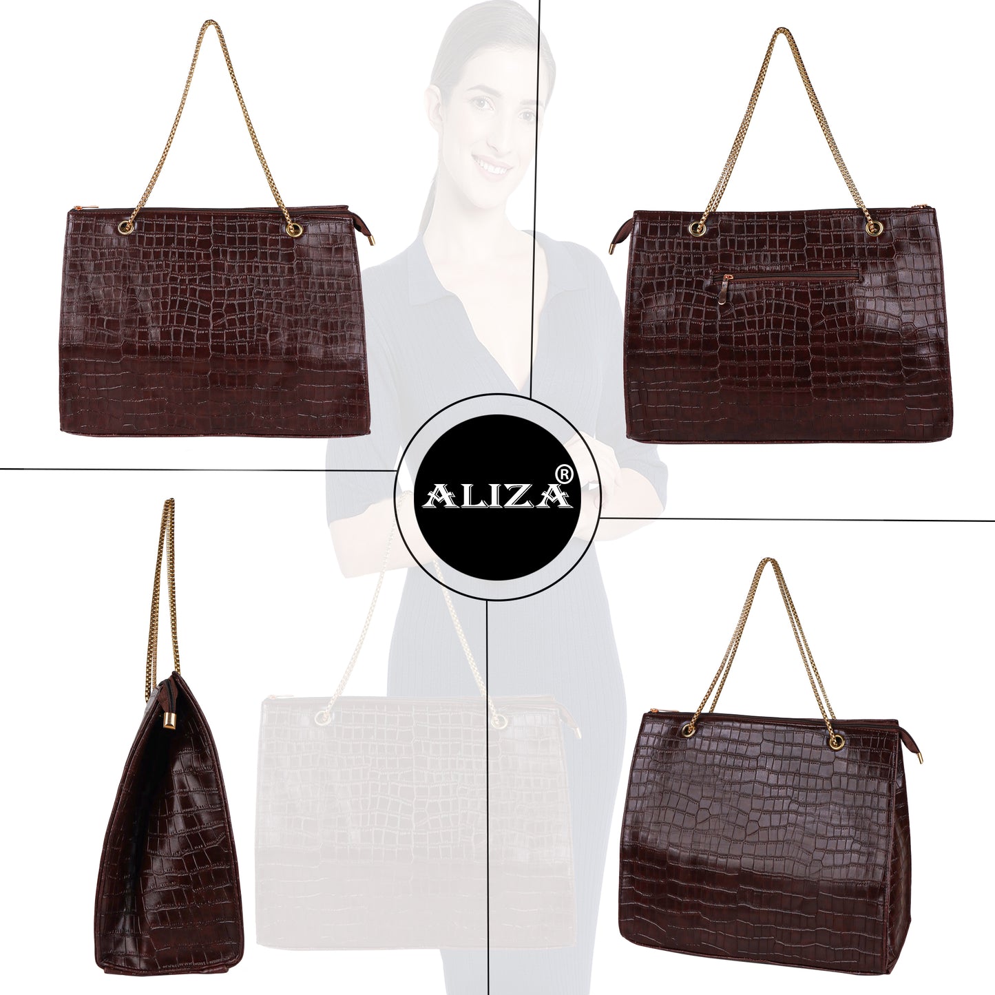 Croco Aurora Vegan Leather Tote Bag with Chain Straps - Brown