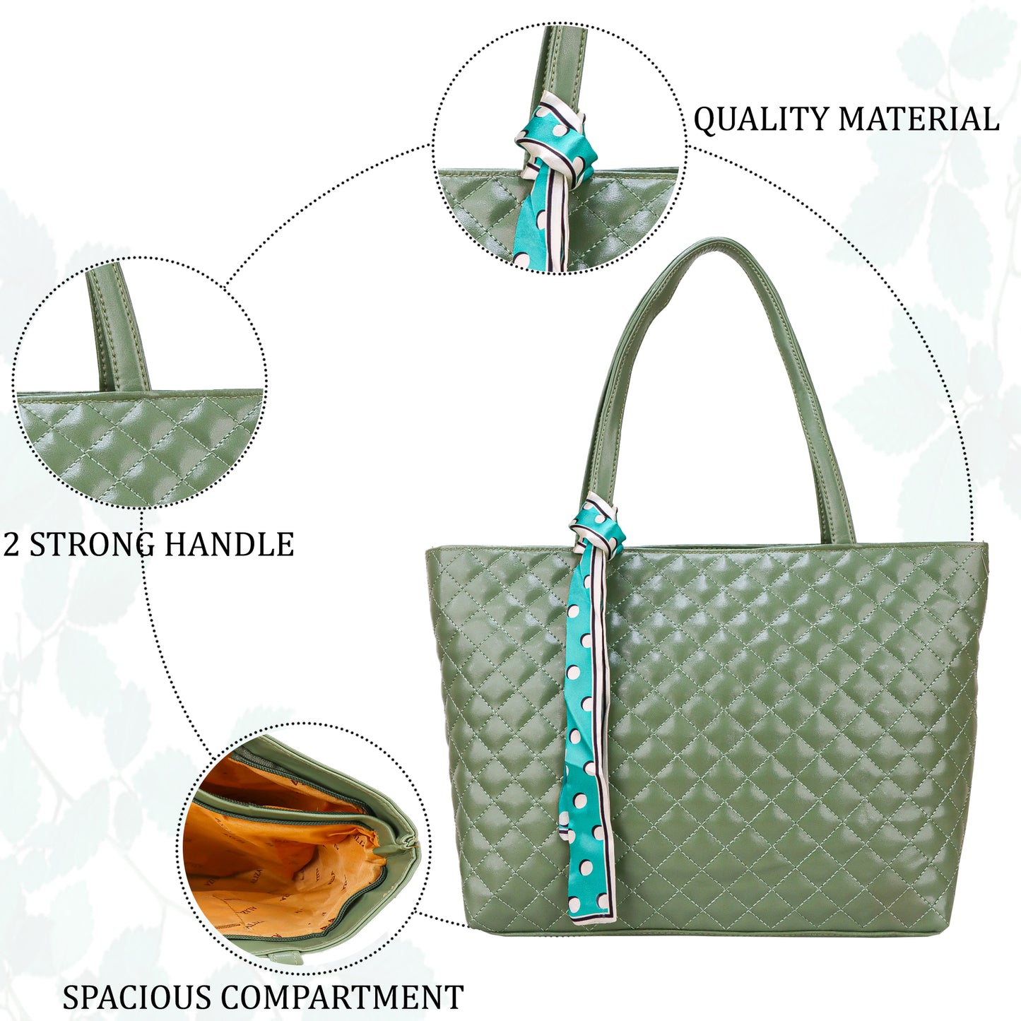 Blossom Vegan Leather Quilted Tote Bag - Green