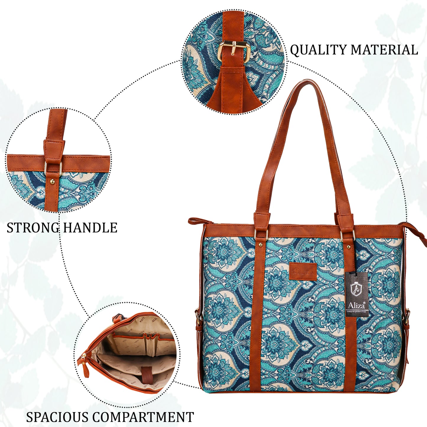 Gardinia Floral Canvas Striped Vegan Leather Tote Bag - Blue