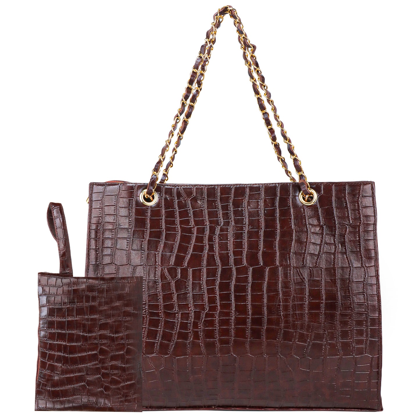 Kroko Square Vegan Leather Tote Bag with Hand Pouch - Brown