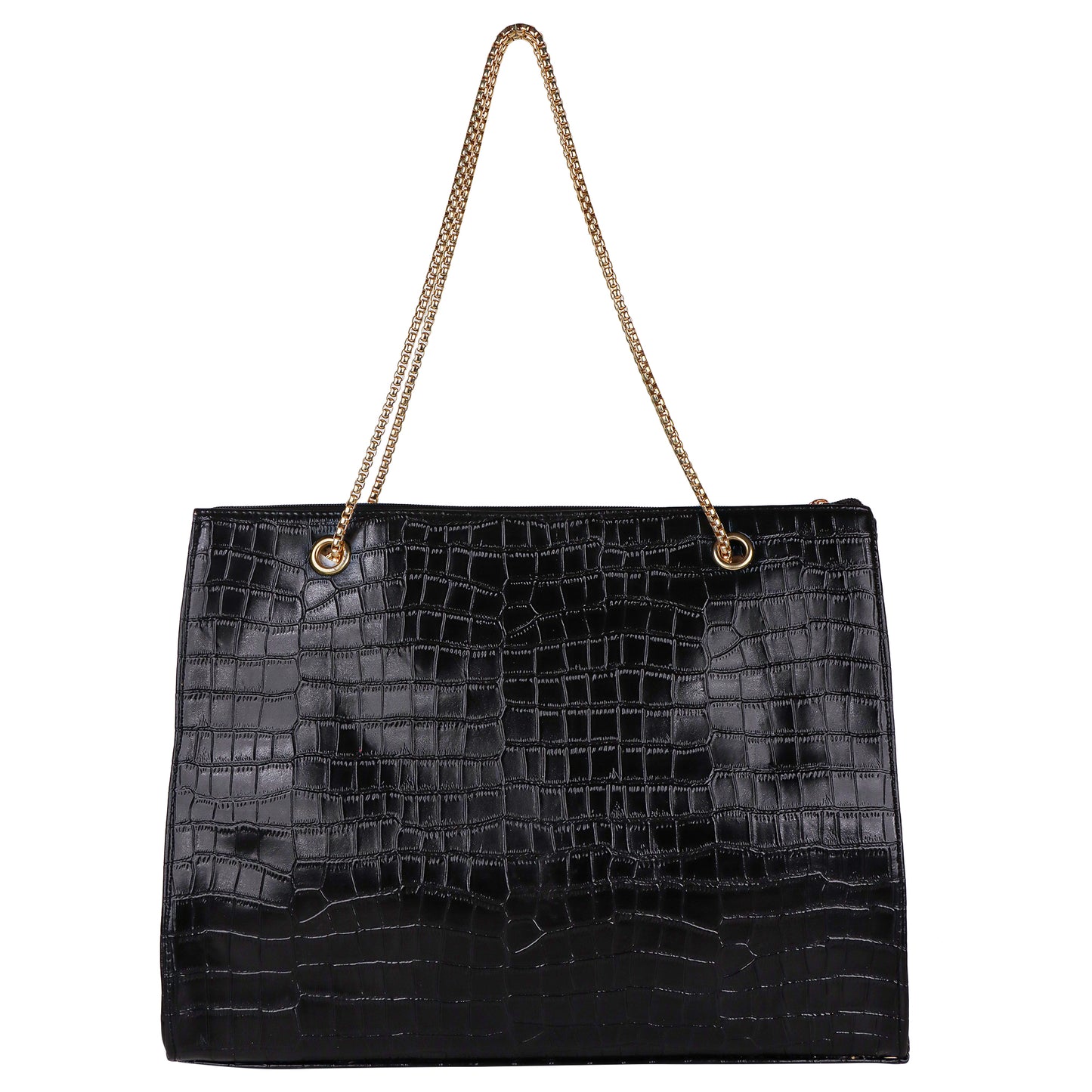 Croco Aurora Vegan Leather Tote Bag with Chain Straps - Black