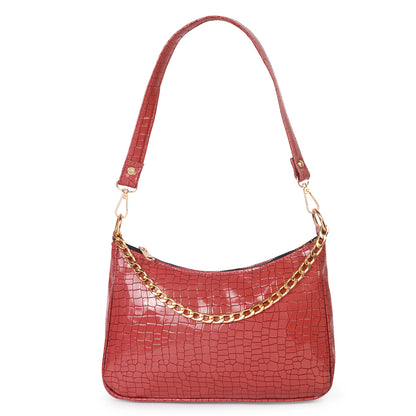 Princess Crescent Vegan Leather Snake Skin Shoulder Bag - Red