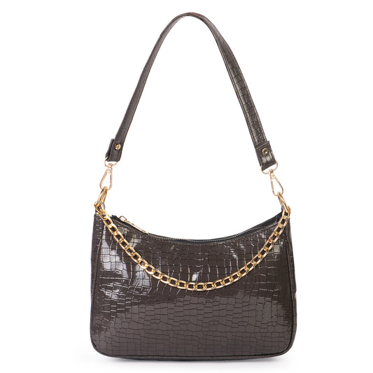 Princess Crescent Vegan Leather Snake Skin Shoulder Bag - Grey