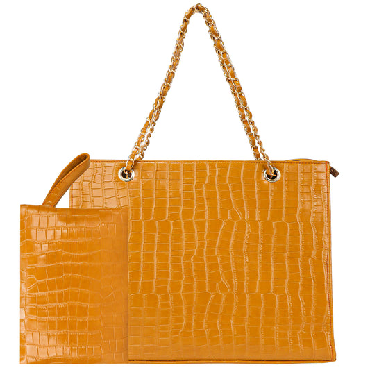 Kroko Square Vegan Leather Tote Bag with Hand Pouch - Yellow