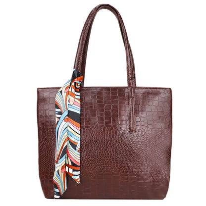 Croco Bloom Vegan Leather Tote Bag - Brown