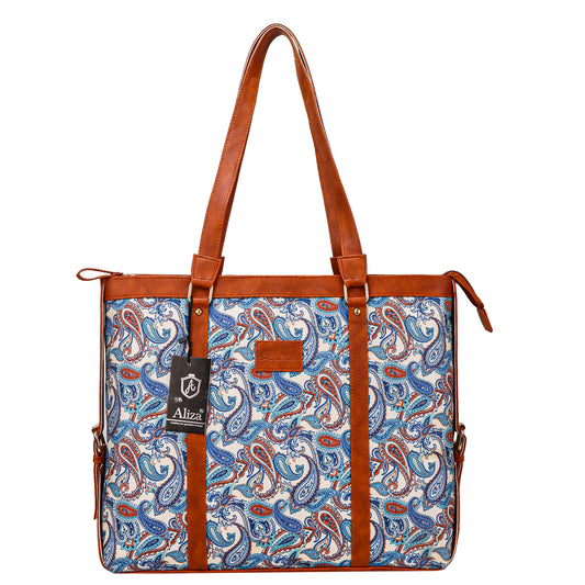 Gardinia Floral Canvas Striped Vegan Leather Tote Bag - Sky Blue