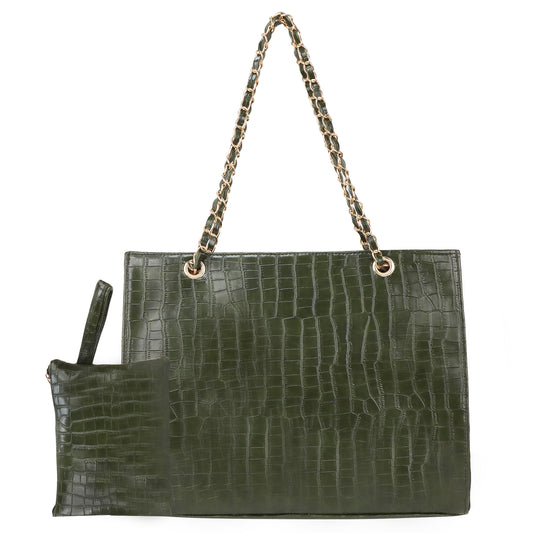 Kroko Square Vegan Leather Tote Bag with Hand Pouch - Green