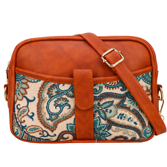 Ms. Elegant Paisley Printed Vegan Leather Sling Bag - Green