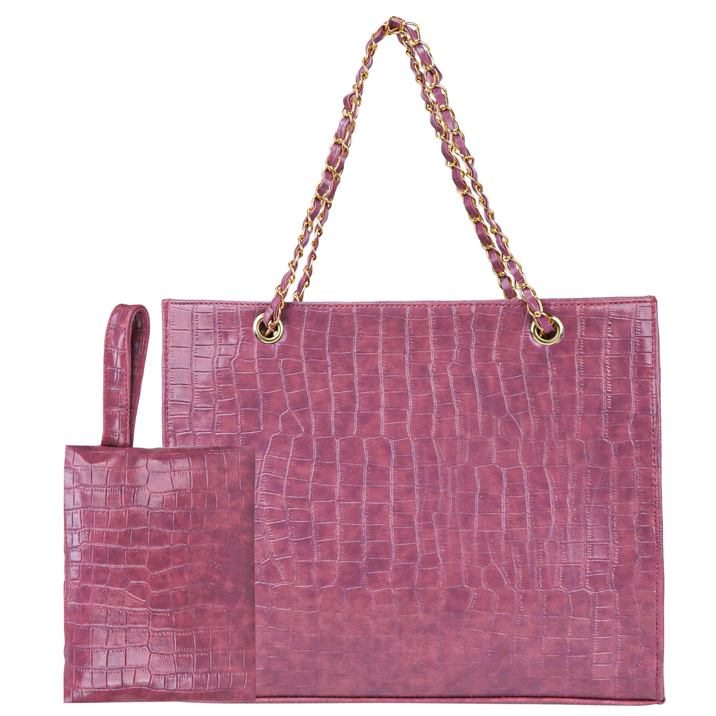 Kroko Square Vegan Leather Tote Bag with Hand Pouch - Purple