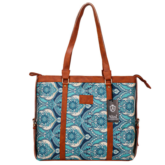 Gardinia Floral Canvas Striped Vegan Leather Tote Bag - Blue