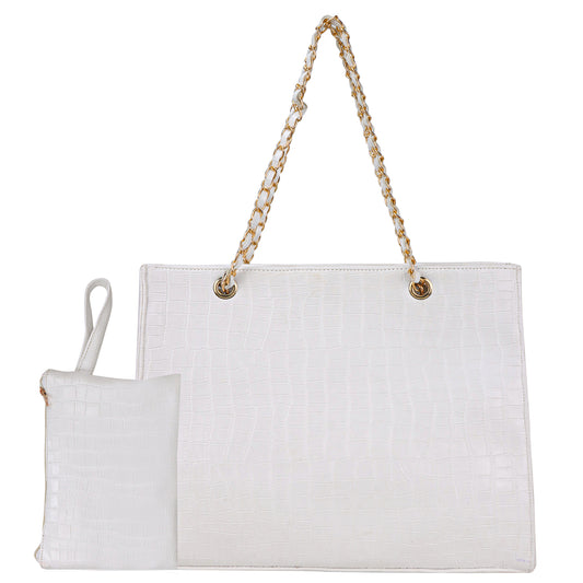 Kroko Square Vegan Leather Tote Bag with Hand Pouch - White