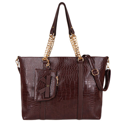 Callista Croco Vegan Leather Tote Bag with Money Pouch - Brown