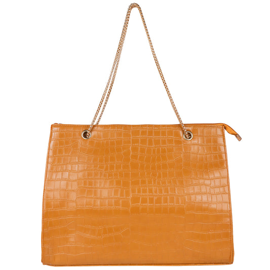 Croco Aurora Vegan Leather Tote Bag with Chain Straps - Yellow