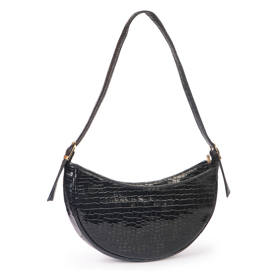 Crescent Moon Vegan Leather Snake Skin Shoulder Bag - Black