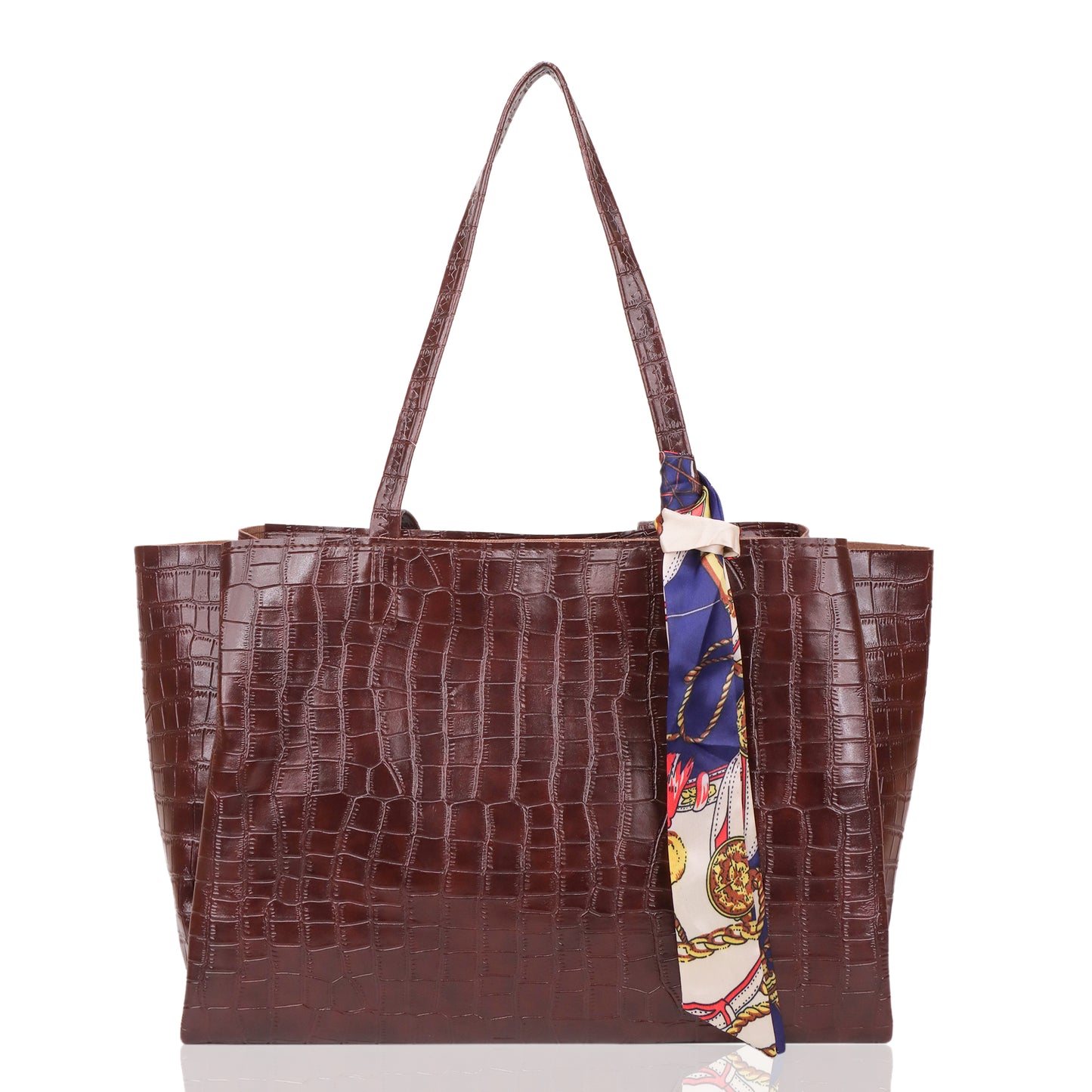 Kroko Vegan Leather 3 Compartment Tote Bag - Brown