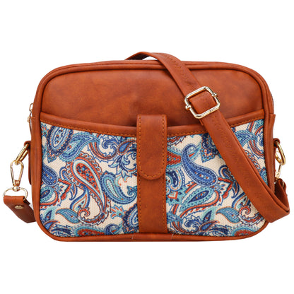 Ms. Elegant Paisley Printed Vegan Leather Sling Bag - Blue