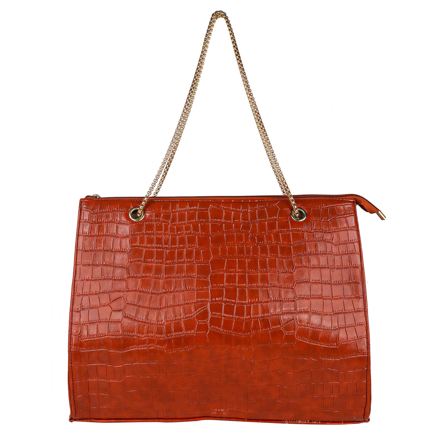 Croco Aurora Vegan Leather Tote Bag with Chain Straps - Tan