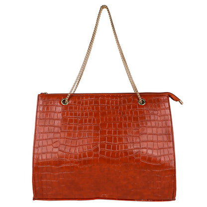 Croco Aurora Vegan Leather Tote Bag with Chain Straps - Tan