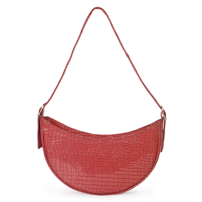 Crescent Moon Vegan Leather Snake Skin Shoulder Bag - Red