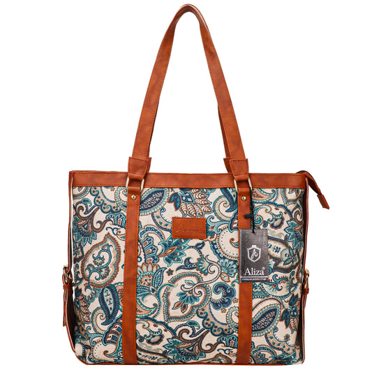 Gardinia Floral Canvas Striped Vegan Leather Tote Bag - Green