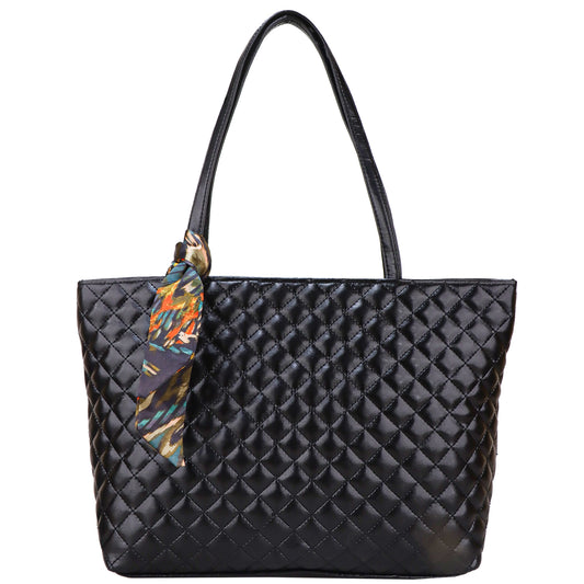 Blossom Vegan Leather Quilted Tote Bag - Black