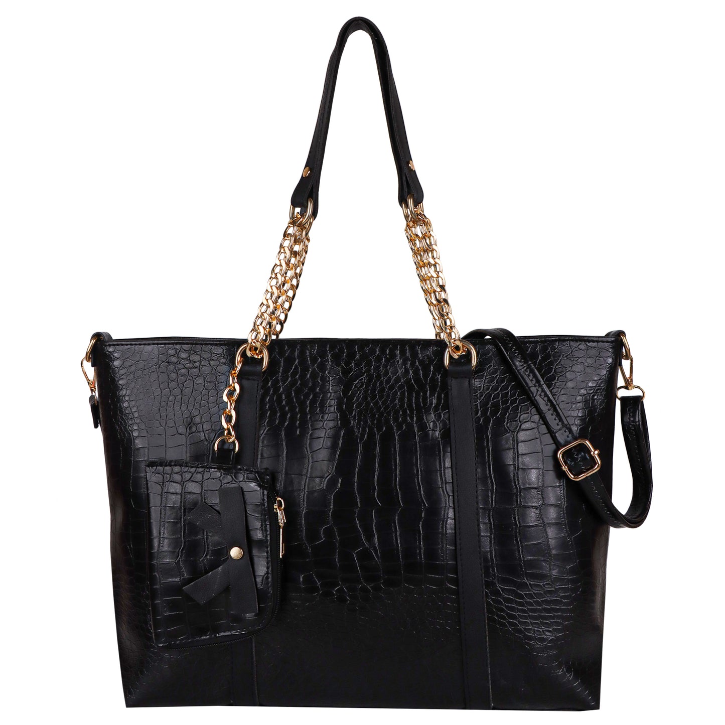 Callista Croco Vegan Leather Tote Bag with Money Pouch - Black