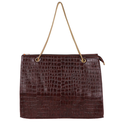 Croco Aurora Vegan Leather Tote Bag with Chain Straps - Brown