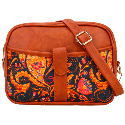 Ms. Elegant Paisley Printed Vegan Leather Sling Bag - Brown