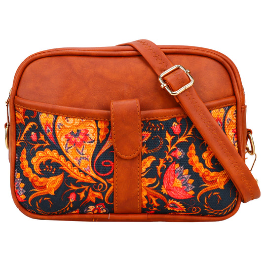 Ms. Elegant Paisley Printed Vegan Leather Sling Bag - Brown