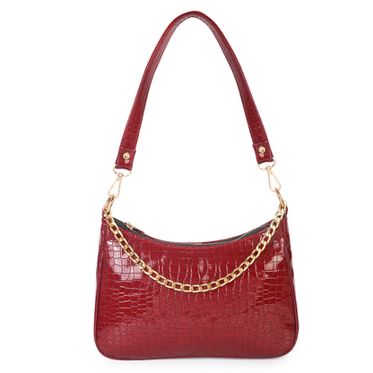 Princess Crescent Vegan Leather Snake Skin Shoulder Bag - Maroon