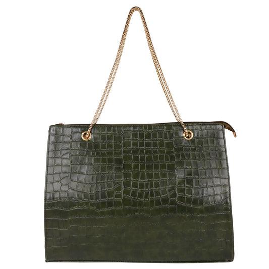 Croco Aurora Vegan Leather Tote Bag with Chain Straps - Green