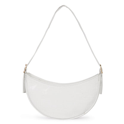 Crescent Moon Vegan Leather Snake Skin Shoulder Bag - White