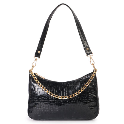 Princess Crescent Vegan Leather Snake Skin Shoulder Bag - Black