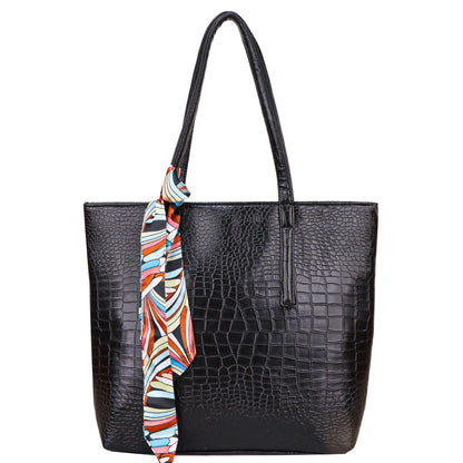 Croco Bloom Vegan Leather Tote Bag - Black